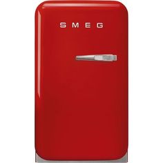 a red refrigerator with the word smeg on it's front and bottom door