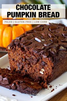 chocolate pumpkin bread on a white plate