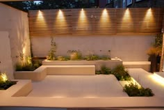 an outdoor area with lights and plants