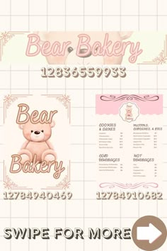 the bear bakery menu is shown in pink and brown