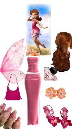 a woman's pink outfit and accessories including shoes, handbag, butterfly wings