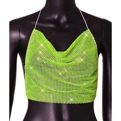 Neon rhinestone see through backless top. Summer Party Mesh Top With Built-in Bra, Evening Backless Top With Built-in Bra, Party Backless Halter Top With Built-in Bra, Stretch Halter Top With Built-in Bra For Party, Trendy Party Tank Top With Built-in Bra, Green Stretch Backless Crop Top, Fitted Green Mesh Top For Party, Green Y2k Style Top For Club, Green Y2k Style Club Top