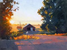 an oil painting of a red barn in the distance with trees and grass around it