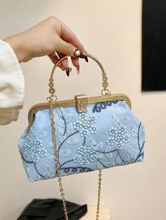 Elegant Blue Lace Embroidery Handbag for Special Occasions Light Blue Formal Shoulder Bag, Light Blue Formal Bag With Detachable Handle, Blue Formal Bags For Spring, Blue Shoulder Bag For Formal Occasions In Spring, Formal Blue Shoulder Bag For Spring, Elegant Light Blue Top Handle Bag, Light Blue Rectangular Bag For Formal Occasions, Blue Evening Shoulder Bag For Spring, Elegant Blue Shoulder Bag Clutch