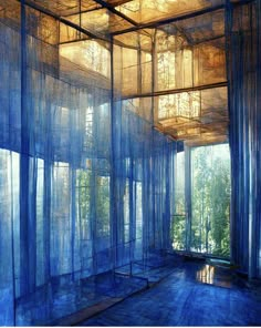 an artistic room with sheer curtains covering the walls