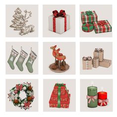 christmas decorations and gifts displayed on white background