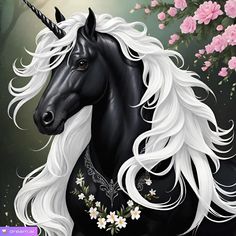 a painting of a black unicorn with white manes and flowers in the foreground