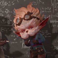 an animated character standing in front of a blackboard