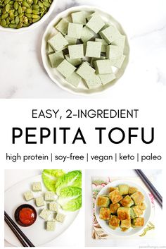 the ingredients for pepita tofu in bowls and plates