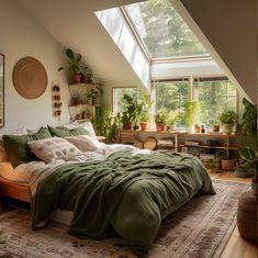 a bedroom with a large bed and lots of plants in the window sill area