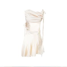 Effortlessly Cool And Eye-Catching, Zemeta's Ivory Mini Dress Is Crafted In A Luxe Satin Fabrication. It Features A Short, Fitted Silhouette, A Draped Cowl Neckline With Long Adjustable Shoulder Straps, A V-Shaped Back Neckline, Clever Cutouts With Adjustable Ties, And Pale Yellow Double Stripes Down The Front Of The Skirt. It's Perfect For Making An Unforgettable Statement. Details: Color- Ivory Hidden Back Zipper Closure 97% Polyester/ 3% Spandex Hand Wash Imported Size Guide: Xs Bust 29 In Wa Cream Ruched Mini Dress For Evening, Cream Ruched Evening Dress, Cream Ruched Cocktail Dress, Cocktail Cream Ruched Dress, Cream Sleeveless Satin Mini Dress, Cream Satin Sleeveless Mini Dress, White Sleeveless Silk Party Dress, Fitted Beige Silk Dress, Cream A-line Silk Dress