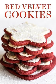 red velvet cookies stacked on top of each other