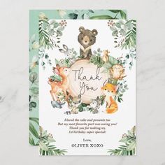 an animal themed thank card with the words, thank you and animals in green leaves