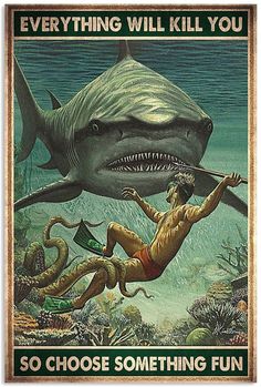 there is a poster with an image of a shark and a man