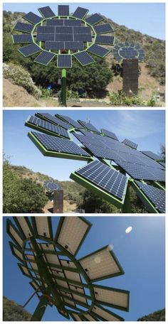 four different views of solar panels in the air and on top of each other,