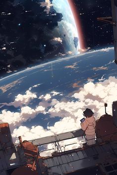 an anime scene with the earth in the background