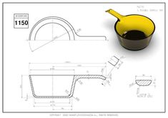 a drawing of a cup with a yellow lid and spoon next to it, on top of a blueprint