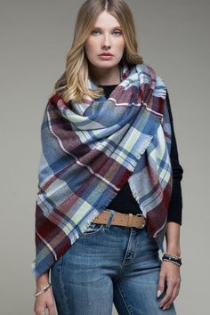 Elevate any outfit with this stylish Plaid Blanket Scarf. This cozy blanket scarf is a perfect addition to your cool-weather wardrobe and is designed with a classic plaid pattern you will love. It has a soft, warm and comfortable feel with fashionable frayed edges. It can easily be layered over many outfits for a variety of styles. Pair this piece over a sweater or denim dress or jeans for a lovely flair to your look.100% Acrylic 60" X 55" Blue And White Check Scarf, Cozy Blue Scarves For Fall, Cozy Blue Scarf For Fall, Blue Casual Scarf For Winter, Casual Blue Scarves For Winter, Casual Blue Scarf For Winter, Casual Blue Winter Scarf, Blue One-size Winter Shawl, Blue One Size Shawl For Winter