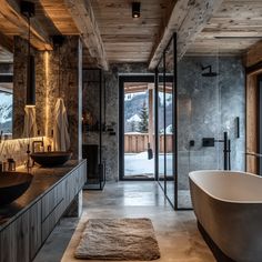 a bathroom with a large bathtub next to a walk in shower