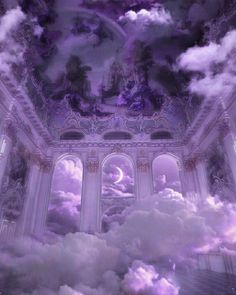 the ceiling is covered in purple clouds and arches