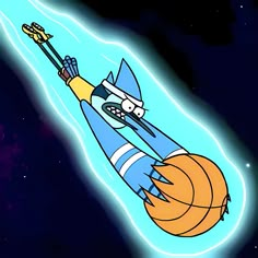 a cartoon character flying through the air on top of a rocket ship in outer space