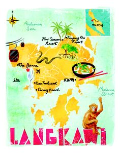 an illustrated map of the island of langkawi, with pictures of animals and people