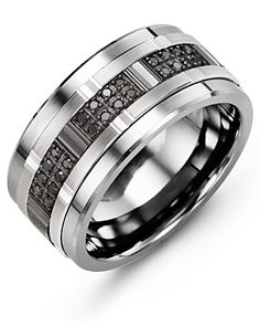 men's wedding band with black diamond inlays and channeled edges, 18k white gold