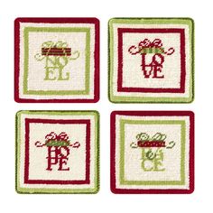 four cross stitch coasters with the letters e, b, and f on them