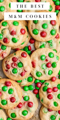 the best m & m cookies with green and red candies on top, in front of a white background