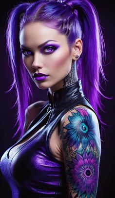 a woman with purple hair and tattoos on her arm, wearing a black leather top