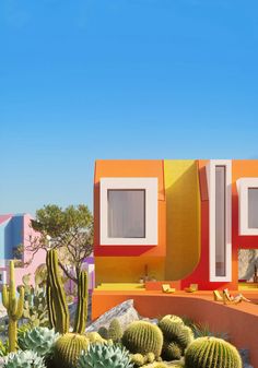 colorfully painted houses in the desert with cacti and succulents