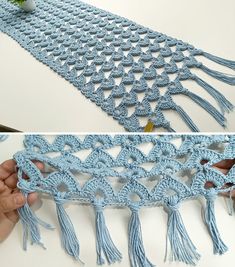 crocheted table runner with tassels being worked on