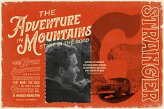 an advertisement for the adventure in mountains series, featuring a man with a red car