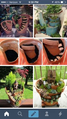 several pictures of different pots with plants in them and one has a house on it