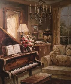 a painting of a living room with a piano and flowers in the vase on the table