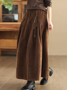 A-Line Loose Elasticity Solid Color Tied Velvet Skirts Bottoms BURGUNDY-XL Velvet Skirts, Corduroy Skirts, Dark Boho, Linen Harem Pants, Ankle Length Skirt, Leisure Fashion, Dyed Linen, Elegant Skirt, Velvet Skirt