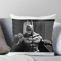 a black and white photo of the batman throw pillow