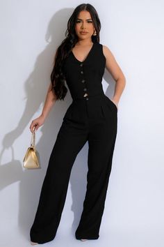 Black Vest Business Casual, Summer Sleeveless Pantsuit For Office, Sleeveless Summer Pantsuit For Office, Sleeveless Summer Office Pantsuit, Summer Sleeveless Office Pantsuit, Sleeveless Pantsuit With Pockets For Spring, Sleeveless Spring Pantsuit With Pockets, Formal Outfits For Women Black, Casual Fitted Sleeveless Pantsuit