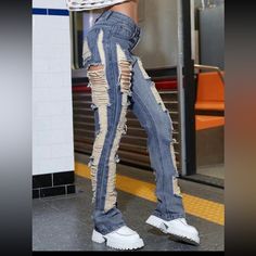 Ripped Y2k Jeans, Size Medium Color Washed Out Blue Brand Shein Never Worn Will Come Washed Dope Jeans For Women, Blue Ripped Y2k Jeans, Y2k Style Ripped Blue Bottoms, Y2k Blue Ripped Bottoms, Ripped Jeans Inspo, Really Ripped Jeans, Super Ripped Jeans, Denim Pants Outfit, Plus Size Ripped Jeans