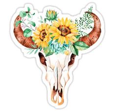 an animal skull with sunflowers and other flowers on it's head sticker