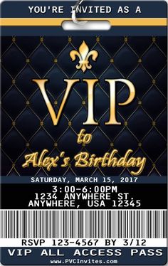 an image of a birthday party ticket with gold and black stripes on the front, featuring a fleur de lis