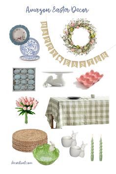 an assortment of easter decor with eggs and flowers