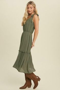 A perfect day begins with the Why Wait Olive Tie-Strap Midi Dress! Woven fabric shapes this cute dress with adjustable tying straps and a V-neckline. Blouson bodice carries into a fitted waist, and a fit-and-flare midi skirt with ruffled trim. Hidden side pockets. Lined. DETAILS & CARE Polyester. Hand wash cold. Imported. Tie Strap Dress, Olive Green Dresses, Midi Flare Skirt, Tiered Midi Dress, Back Shoulder, A Perfect Day, Strap Dress, Perfect Day, Cinched Waist