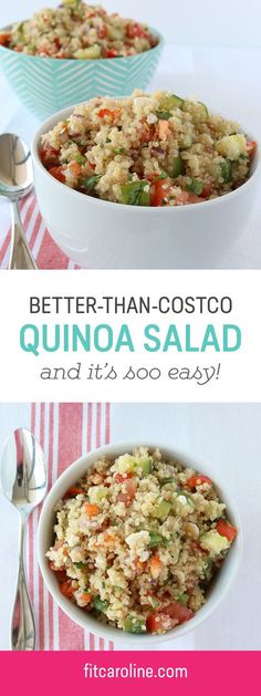 two bowls filled with quinoa salad on top of a pink and white table cloth