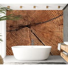 a bathtub sitting in front of a wooden wall with a tree trunk pattern on it