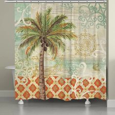 a shower curtain with a palm tree on it