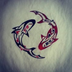 two sharks are depicted in the shape of a circle on a white sheet with red and black ink