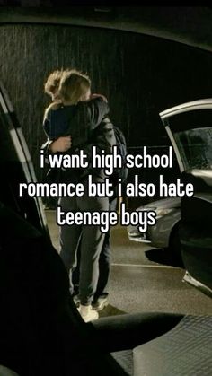 a man hugging a woman in front of a car with the words i want high school romance