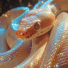 a close up view of a snake's head on a white surface with blue lights in the background