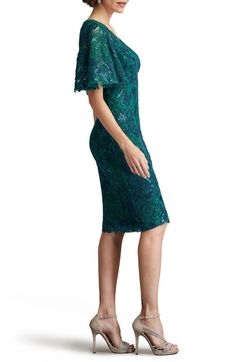 "Find TADASHI SHOJI Sequin Lace Bell Sleeve Cocktail Dress on Editorialist. Get glasses raised in a verdant dress textured in blooms and fixed with belled sleeves that end at the elbow for a bit of extra arm coverage. 41\" length Hidden back-zip closure V-neck Elbow-length sleeves Lined 40% polyester, 40% viscose, 20% nylon Dry clean Imported" Formal Dresses Red Carpet, Corded Lace Dress, Embroidered Cocktail Dress, Long Sleeve Embroidered Dress, Black Collared Dress, Green Cocktail Dress, Long Sleeve Sheath Dress, Tea Leaf, Flounced Dress